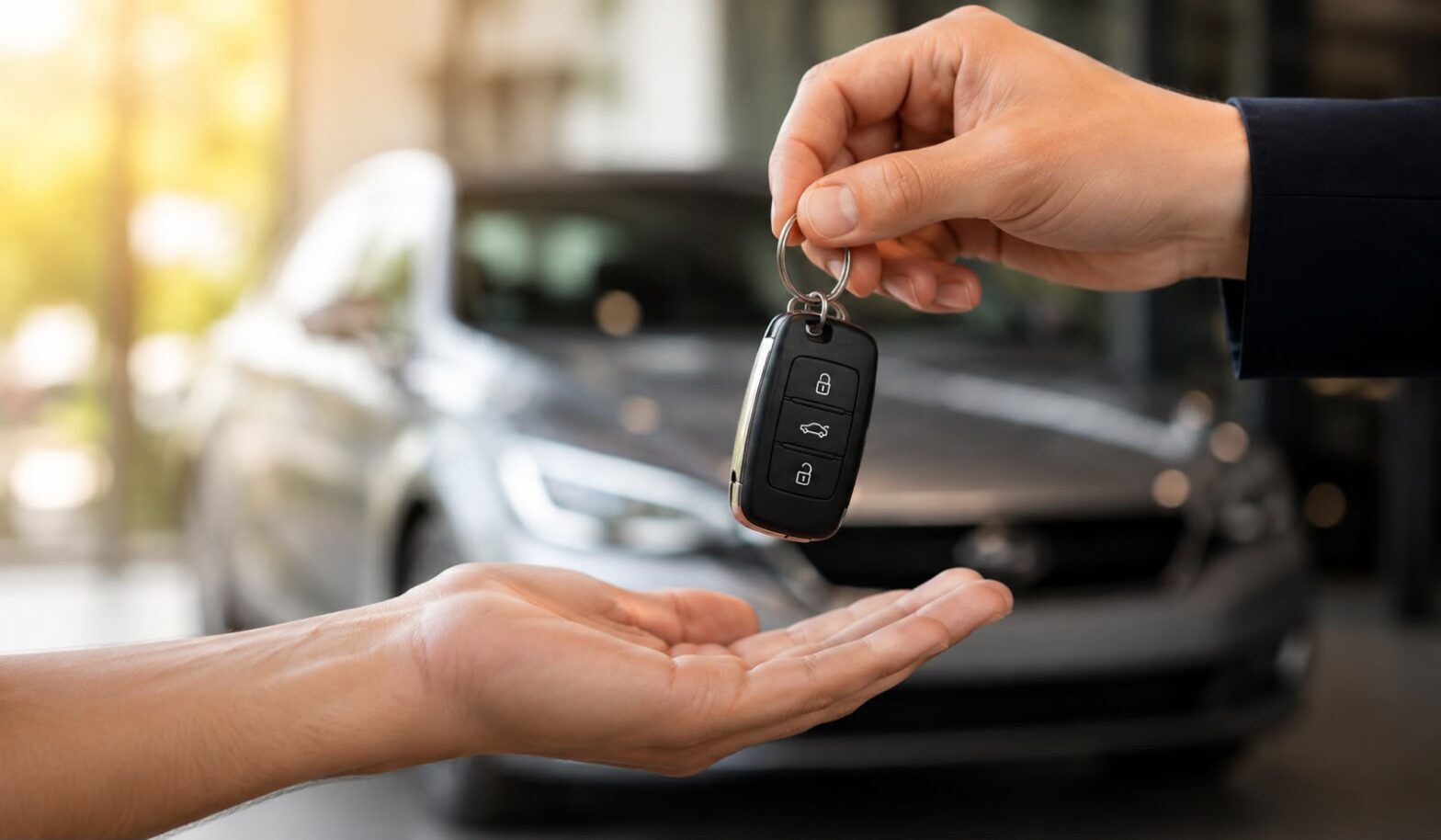 Pessoa recebendo a chave de um carro novo durante a compra, representando a troca de carro usado e a negociação que pode gerar economia na aquisição de um veículo na Bucar